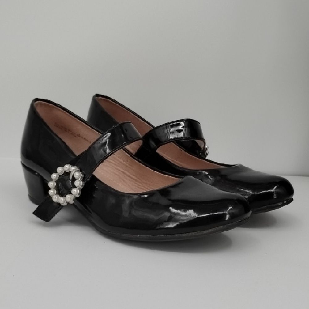 Elegant Black Mary Jane High Heels Girls Shoes with Pearl Buckle Size 3